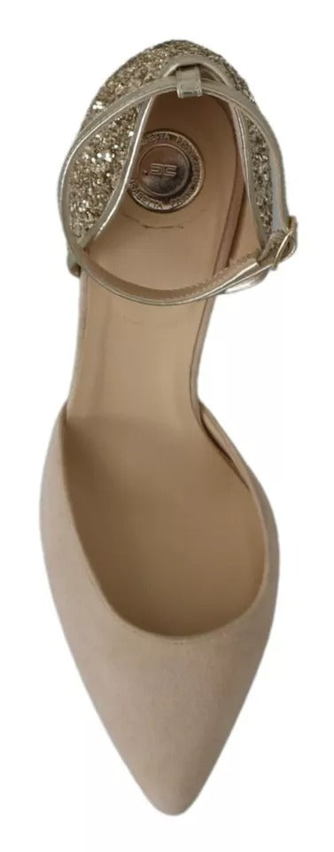Beige Linen Ankle Strap High Heels Shoes
