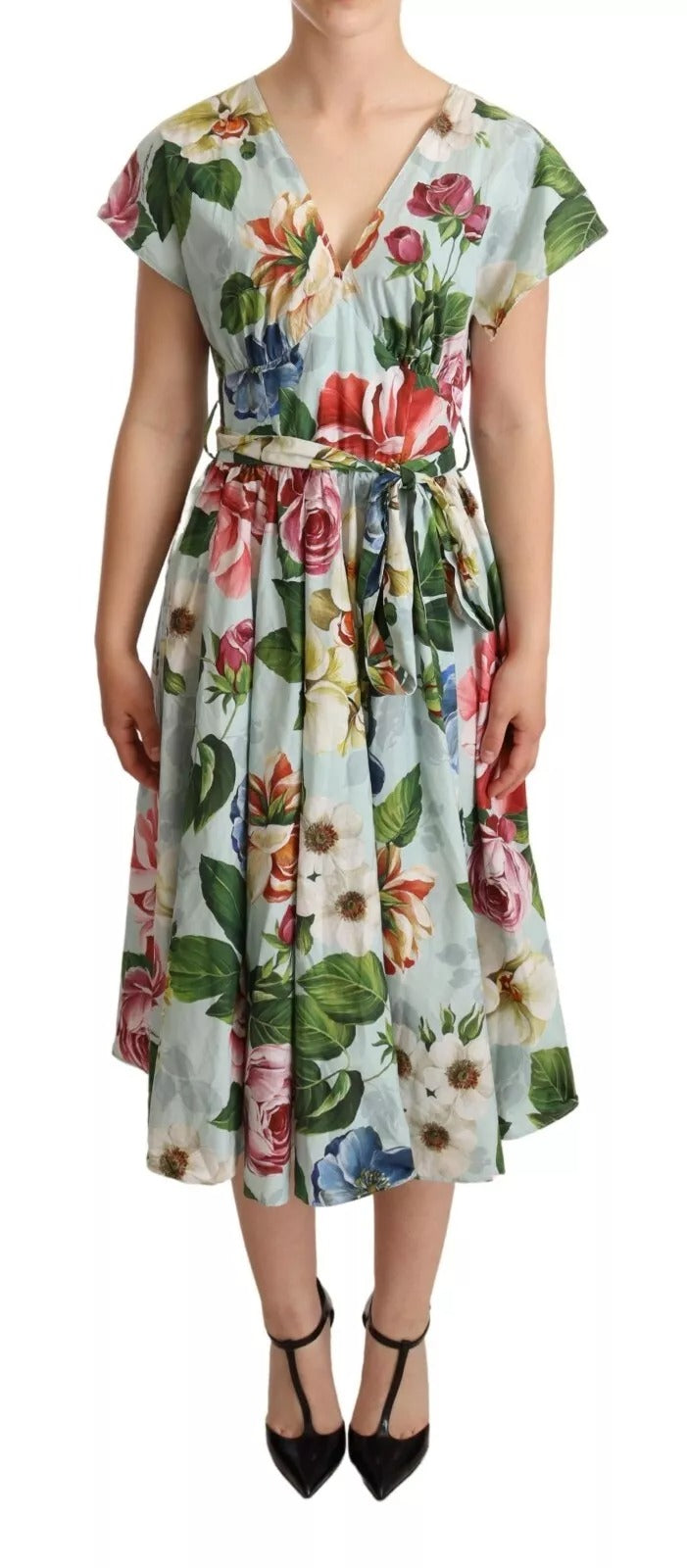 Green Floral Short Sleeves Cotton V-neck Dress