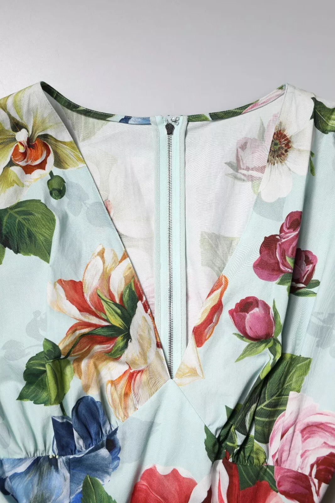 Green Floral Short Sleeves Cotton V-neck Dress