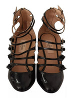 Black Multi Strap Leather Mid Heels Pumps Shoes