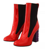 Red Leather Black Fabric Logo Heel Ankle Boots Shoes