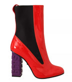 Red Leather Black Fabric Logo Heel Ankle Boots Shoes