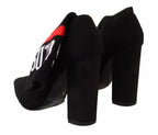 Black Suede Logo Socks Block Heel Ankle Boots Shoes