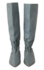 Blue Leather Elastic Flats Pull On Knee High Boots Shoes