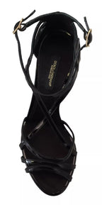 Black Leather Stiletto Heels Sandals Shoes