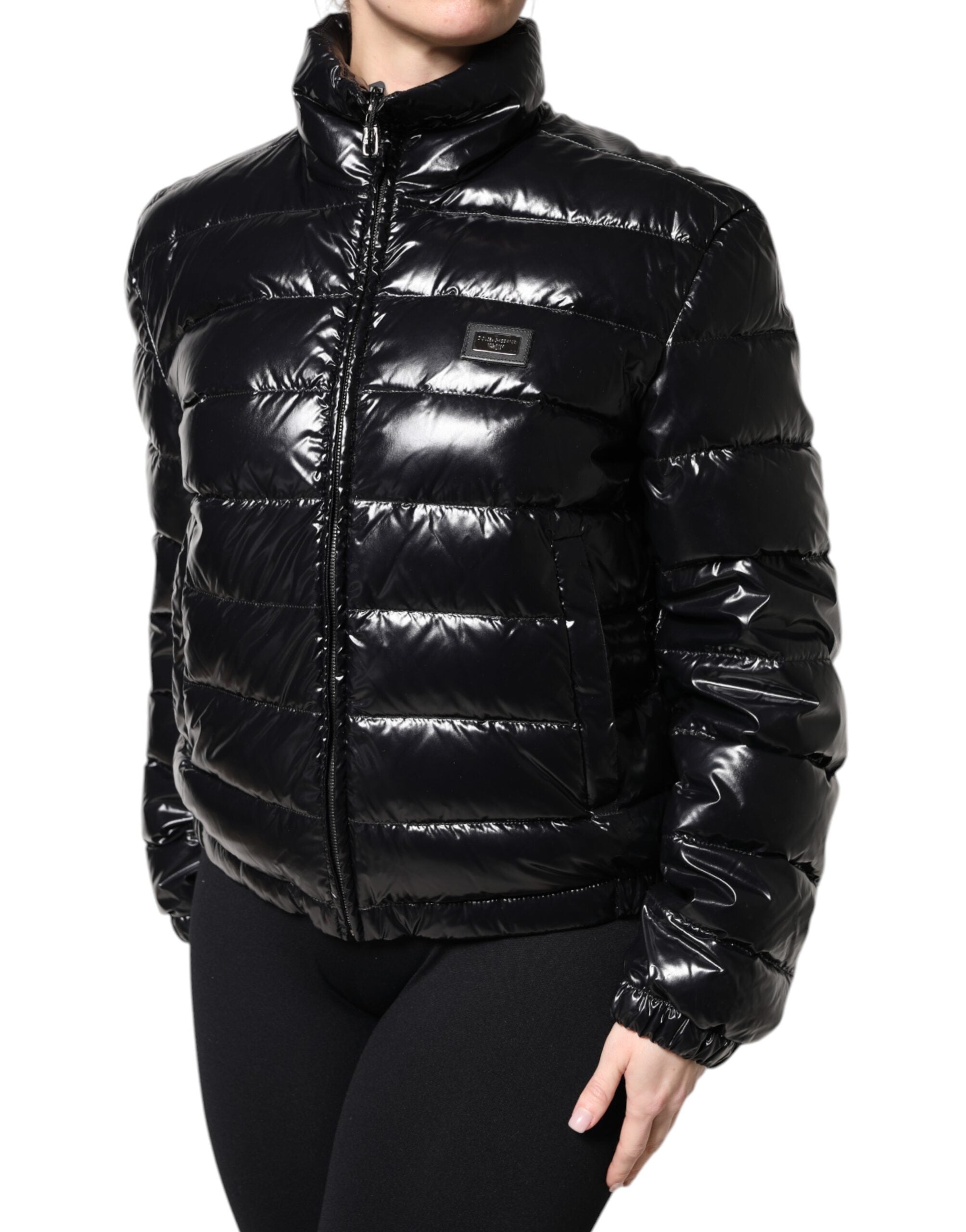 Black Logo Plaque Full Zip Puffer Jacket