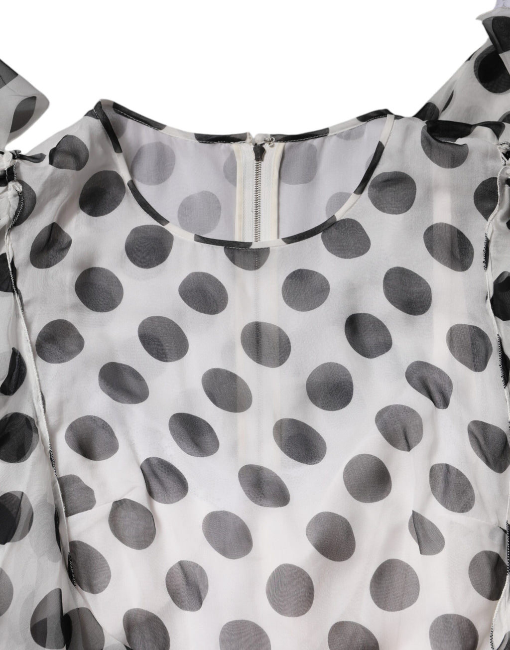 White Polka Dotted Silk Blend A-line Dress