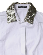White Cotton Long Sleeves Sequin Shirt Top