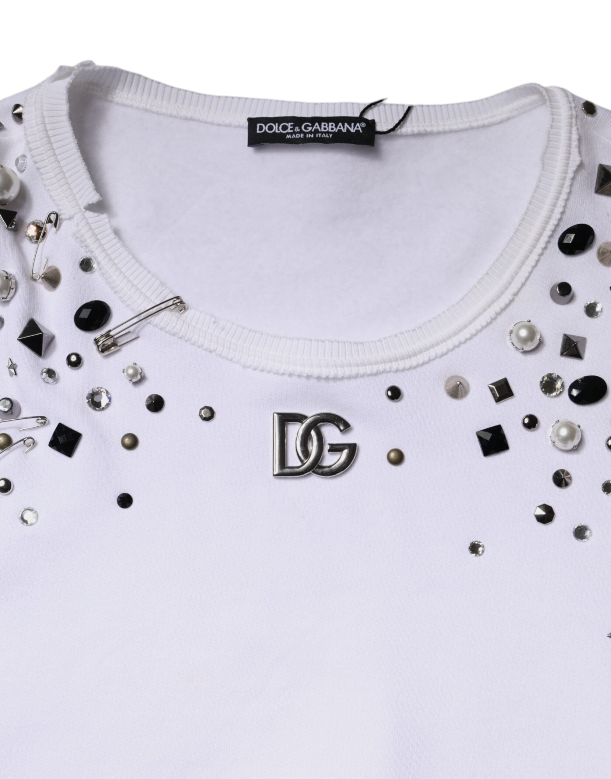 White Embellished Long Sleeve Cropped Sweater