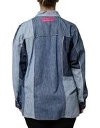 Blue Cotton Button Up Collared Long Sleeve Top