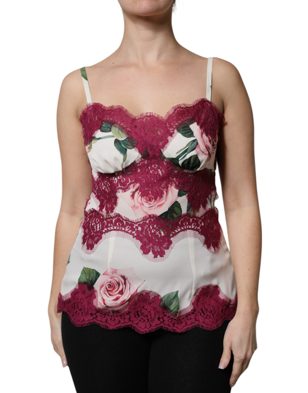 White Rose Print Satin Lace Tank Top Lingerie