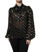 Black Sheer Tied Neck Polka Dots Blouse Top