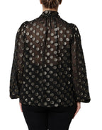 Black Sheer Tied Neck Polka Dots Blouse Top