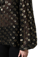 Black Sheer Tied Neck Polka Dots Blouse Top