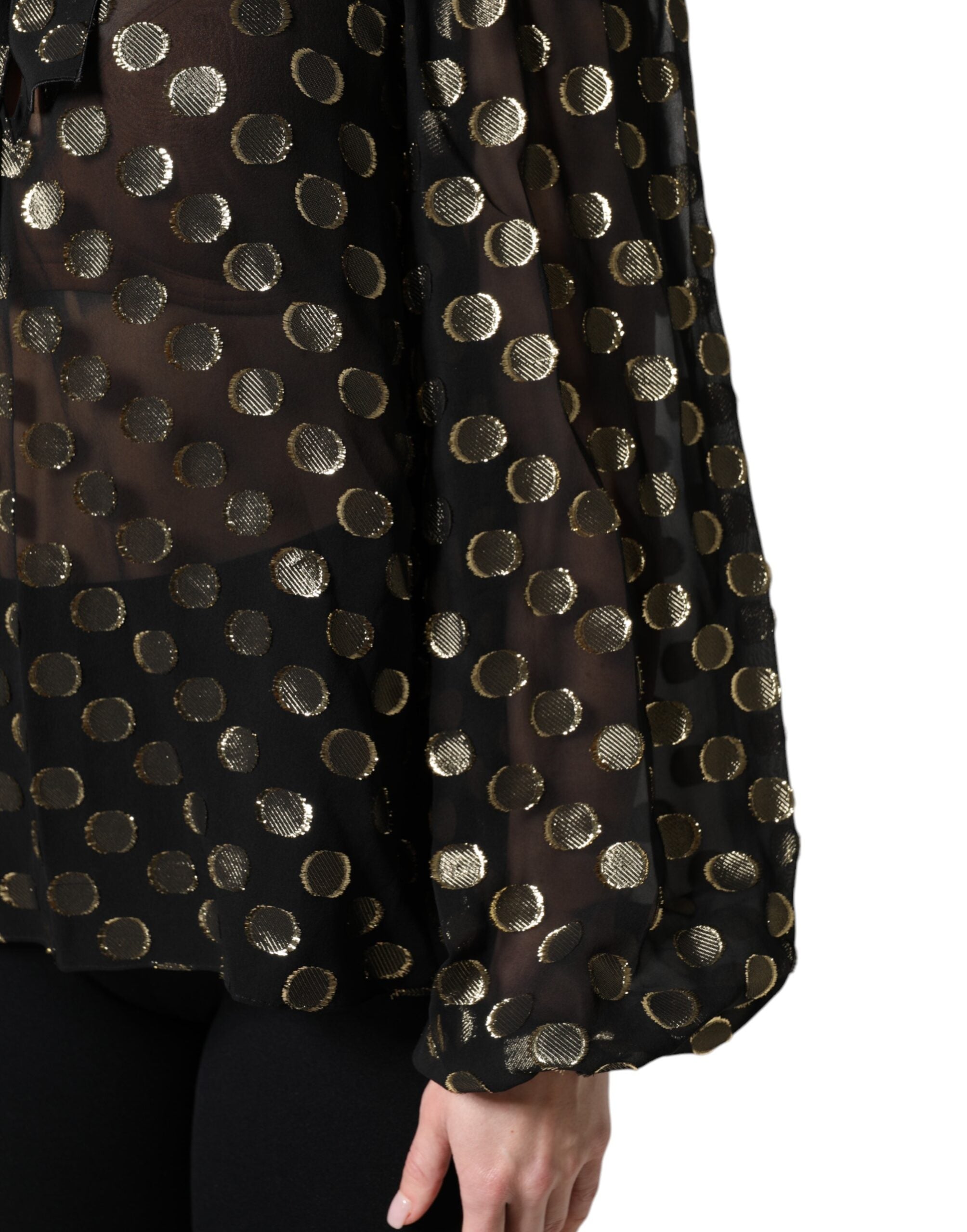Black Sheer Tied Neck Polka Dots Blouse Top