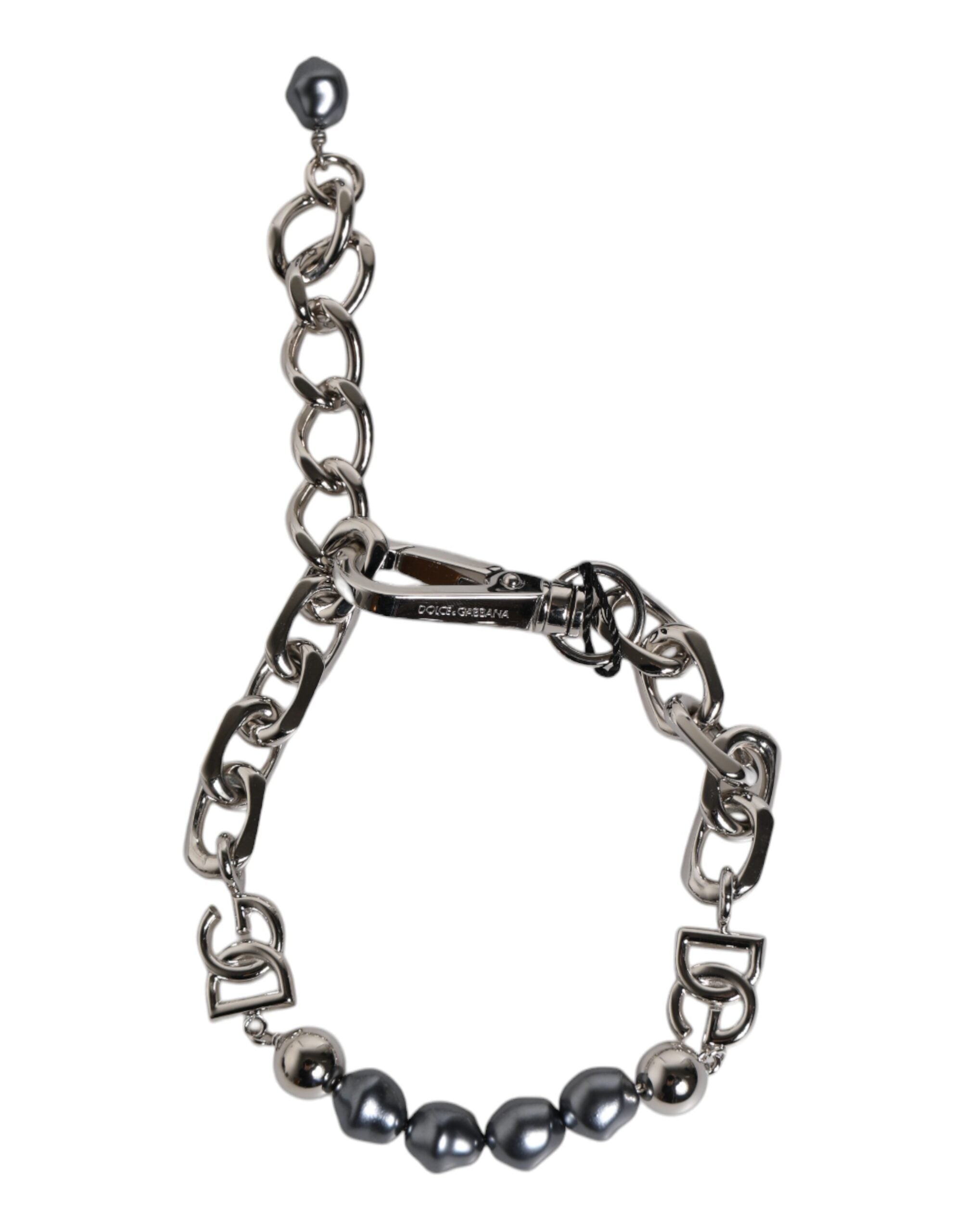 Silver Tone Chain Lobster Clasp Logo Gray Pearls Bracelet