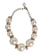 White Maxi Faux Pearl Beads Crystals Gold Chain Necklace