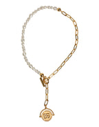 Gold Chain Brass Faux Pearl Charm Logo Pendant Necklace