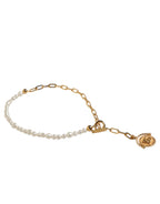 Gold Chain Brass Faux Pearl Charm Logo Pendant Necklace