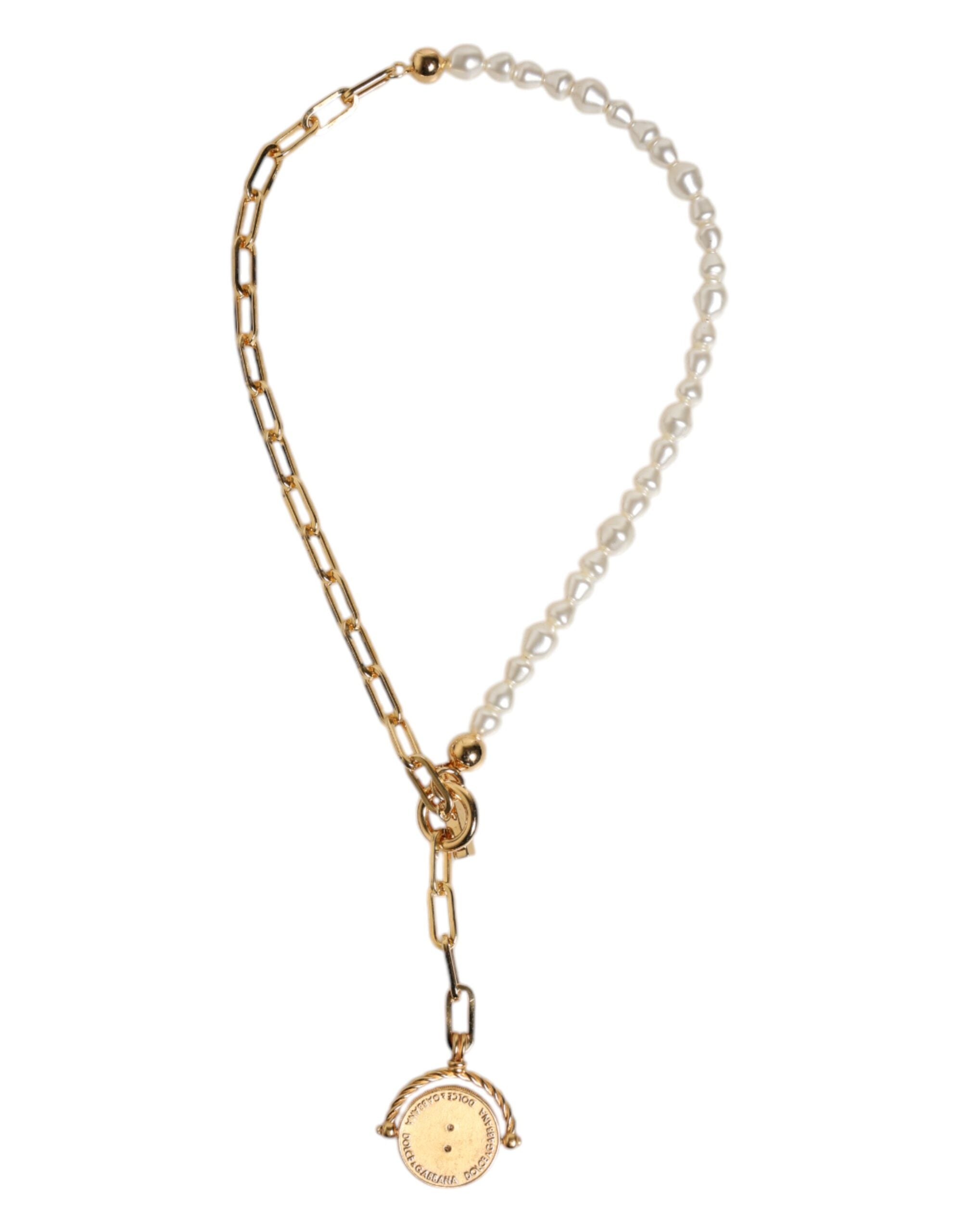 Gold Chain Brass Faux Pearl Charm Logo Pendant Necklace