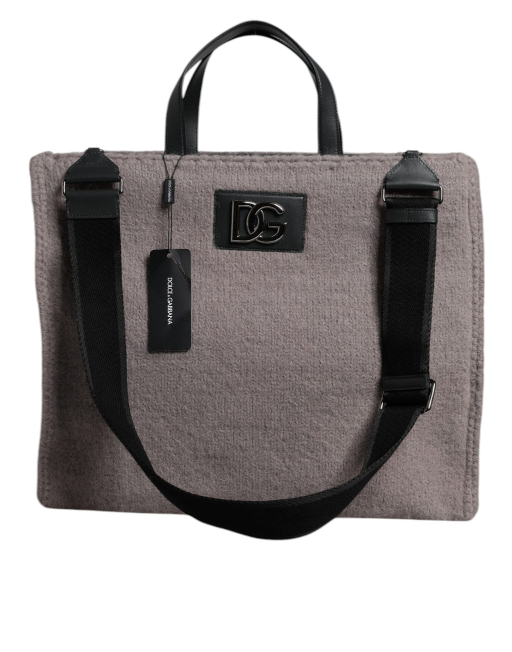 Grey Alpaca Wool Logo Plaque Tote Shoulder Bag