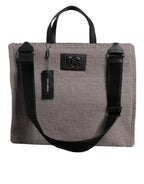 Grey Alpaca Wool Logo Plaque Tote Shoulder Bag