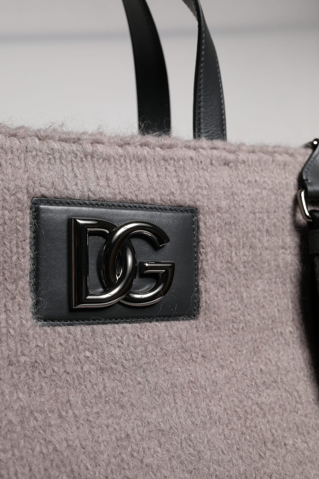Grey Alpaca Wool Logo Plaque Tote Shoulder Bag