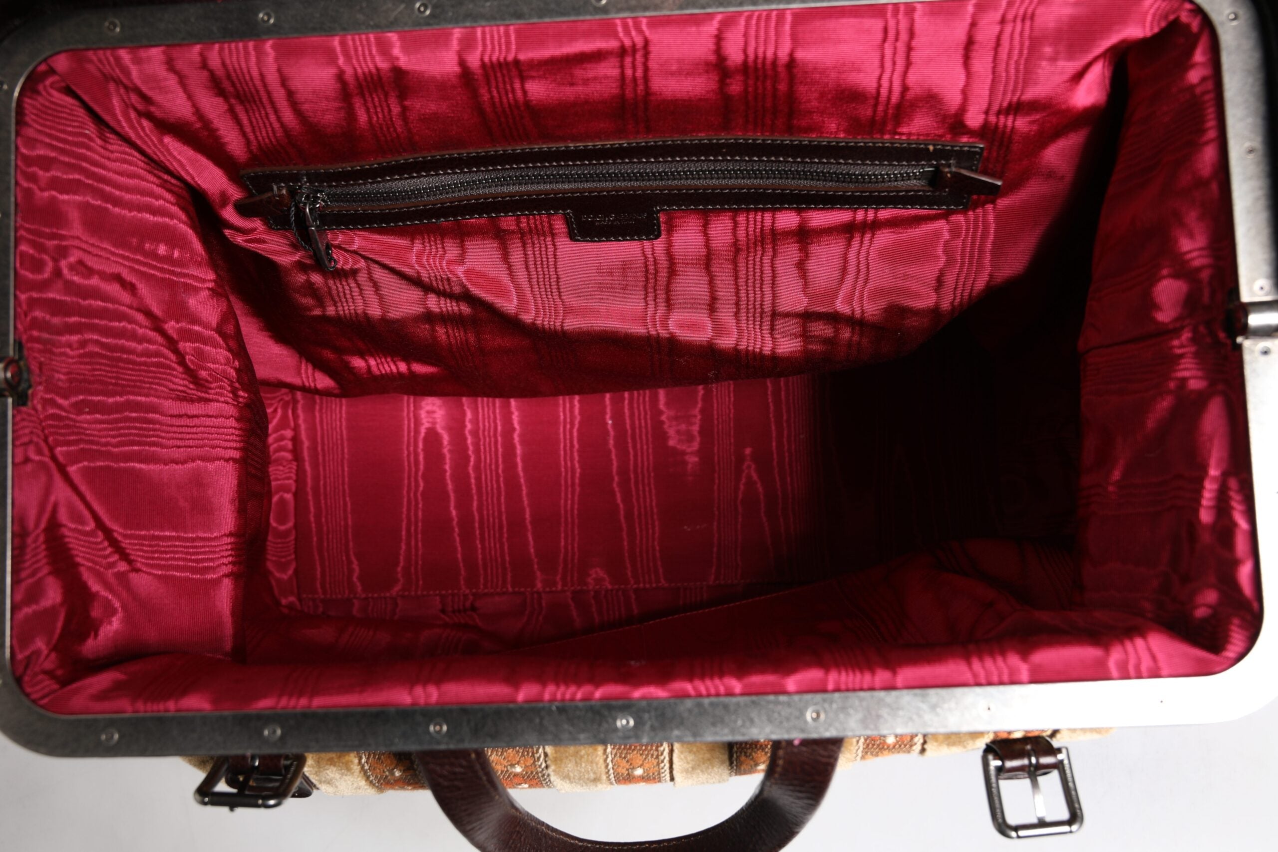 Beige Maroon Velvet Leather Jacquard Travel Handbag Bag