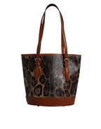 Brown Leopard Leather Shoulder Strap Tote Bag