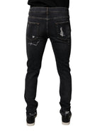 Black Tattered Cotton Skinny Men Denim Jeans