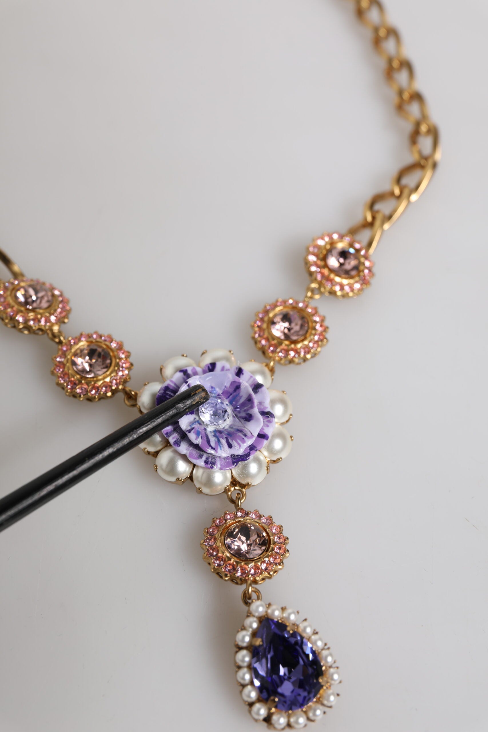 Gold Brass Floral Crystals Pearl Embellished Necklace