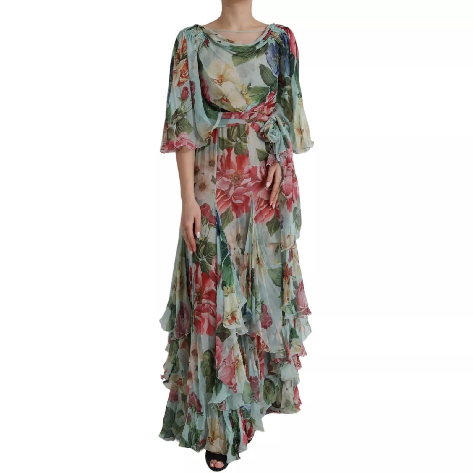 Blue Floral Print Tiered Long Maxi Dress