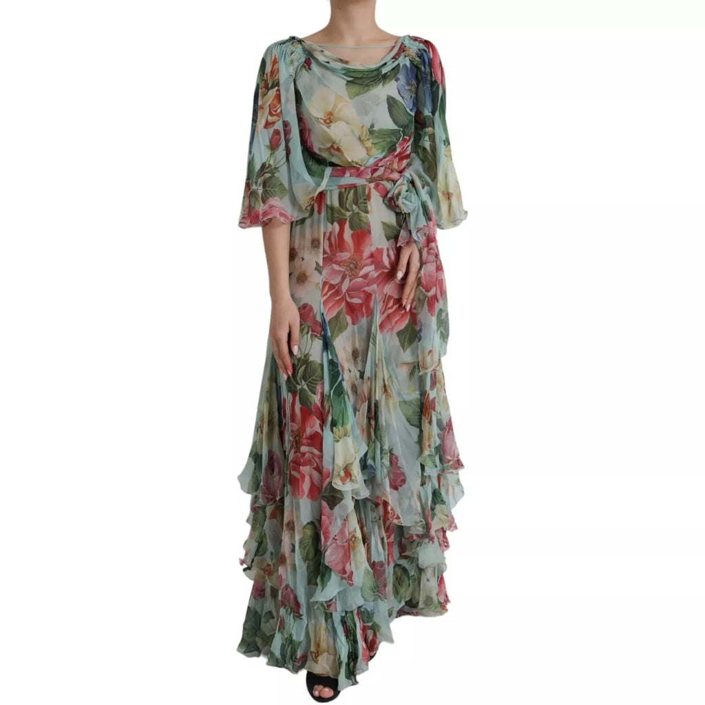 Blue Floral Print Tiered Long Maxi Dress