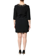 Black Crystal Embellished Round Neck Mini Dress