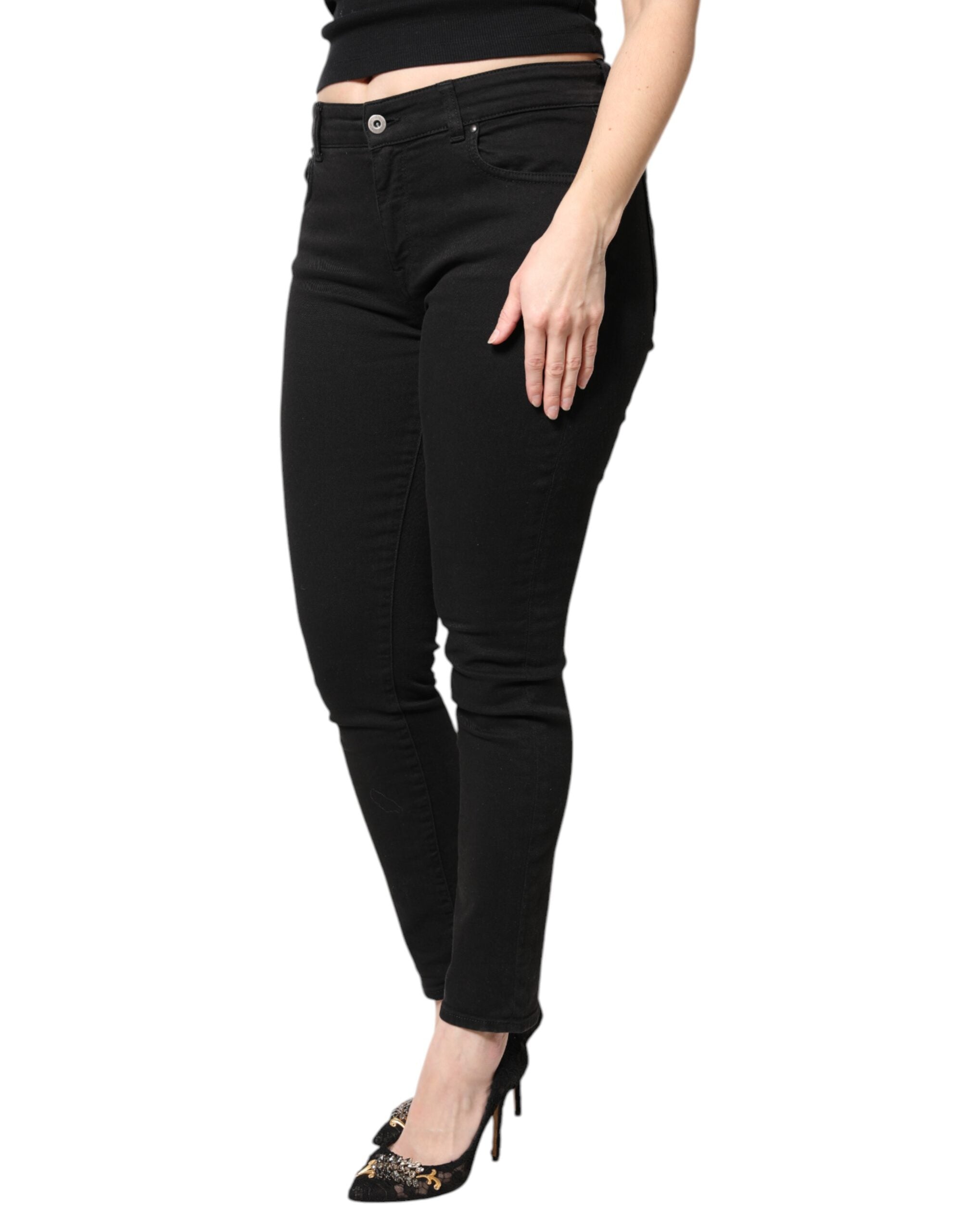 Black Cotton Mid Waisted Skinny Denim Jeans