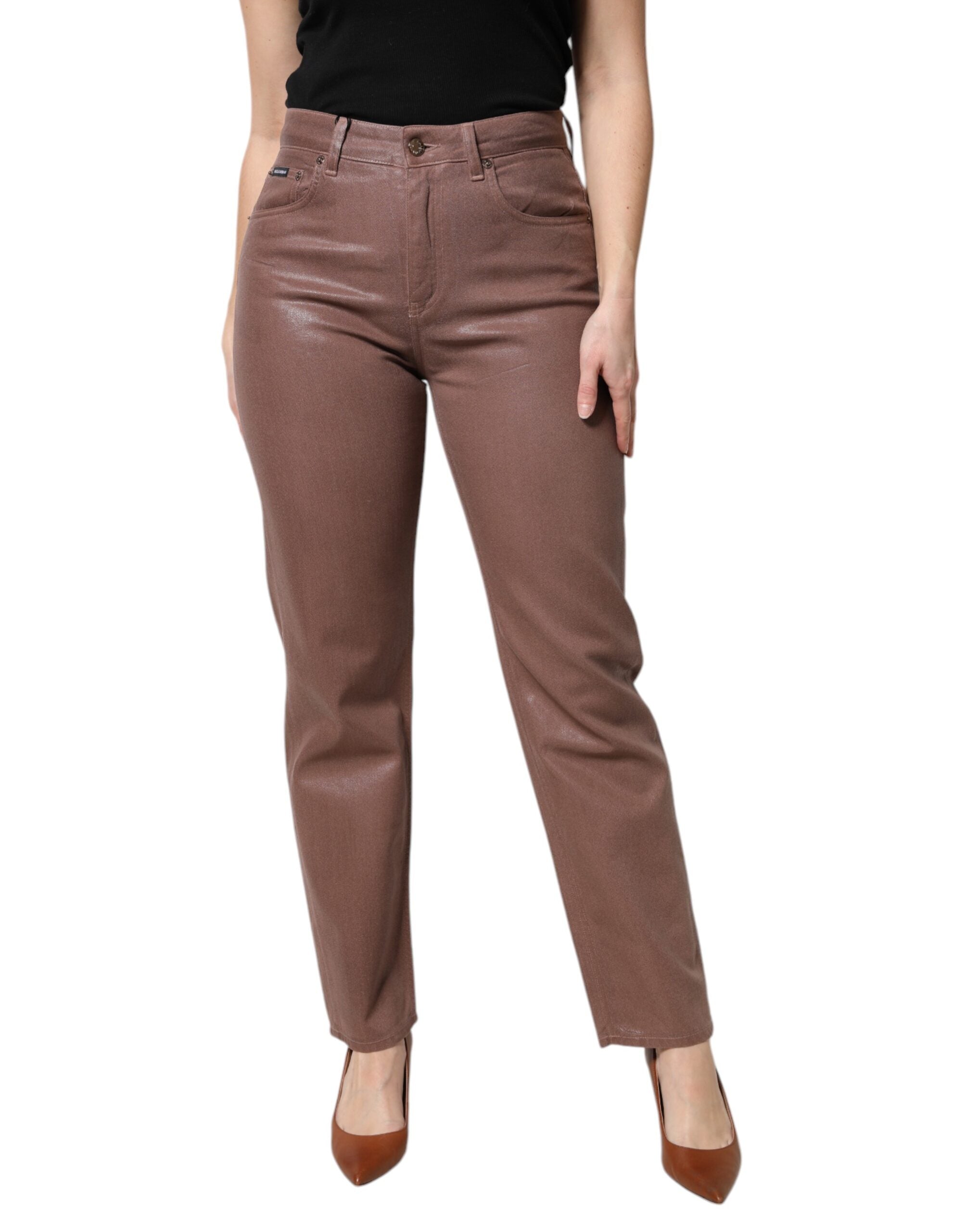 Brown Cotton High Waist Tapered Denim Jeans