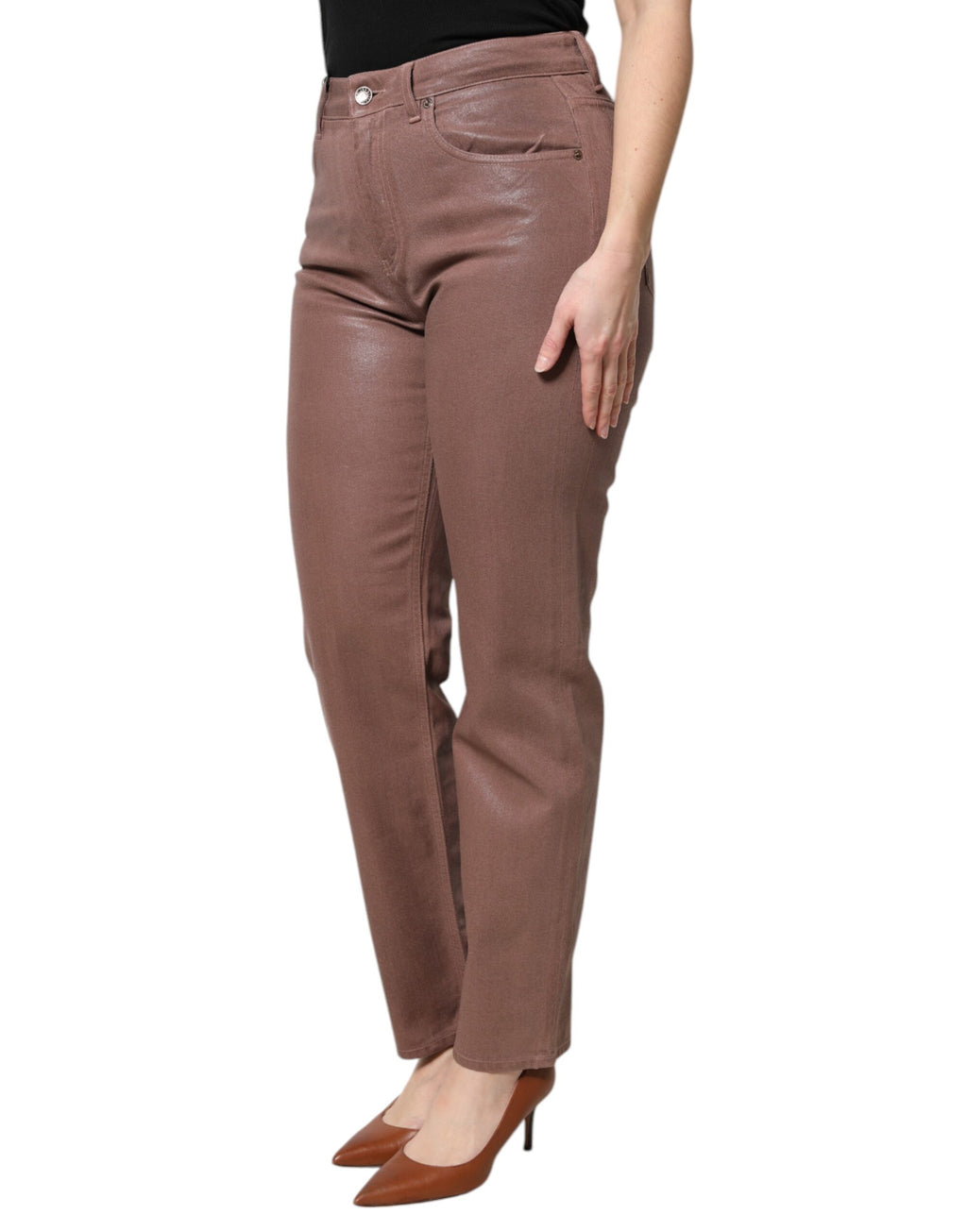 Brown Cotton High Waist Tapered Denim Jeans