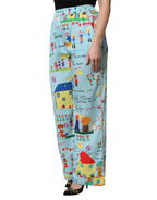 Light Blue Drawing Mid Waist Wide Leg Pants