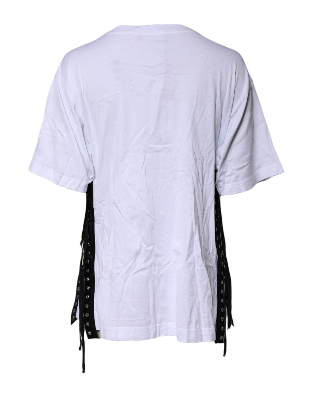 White Print Lace-Up Cotton Crew Neck T-shirt