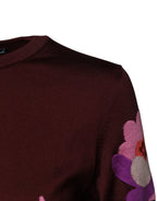 Maroon Floral Silk Crew Neck Blouse Top