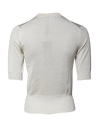 Cream Short Sleeve Silk Round Neck Blouse Top