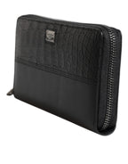 Black Leather Logo Plaque Zip Around Continental Wallet