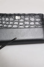 Black Leather Logo Plaque Zip Around Continental Wallet