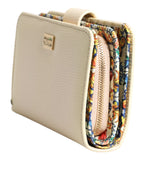 Ivory Calf Leather Compact Logo Plaque Card Holder Wallet