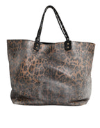Brown Leopard BEATRICE Leather Logo Plaque Tote Bag