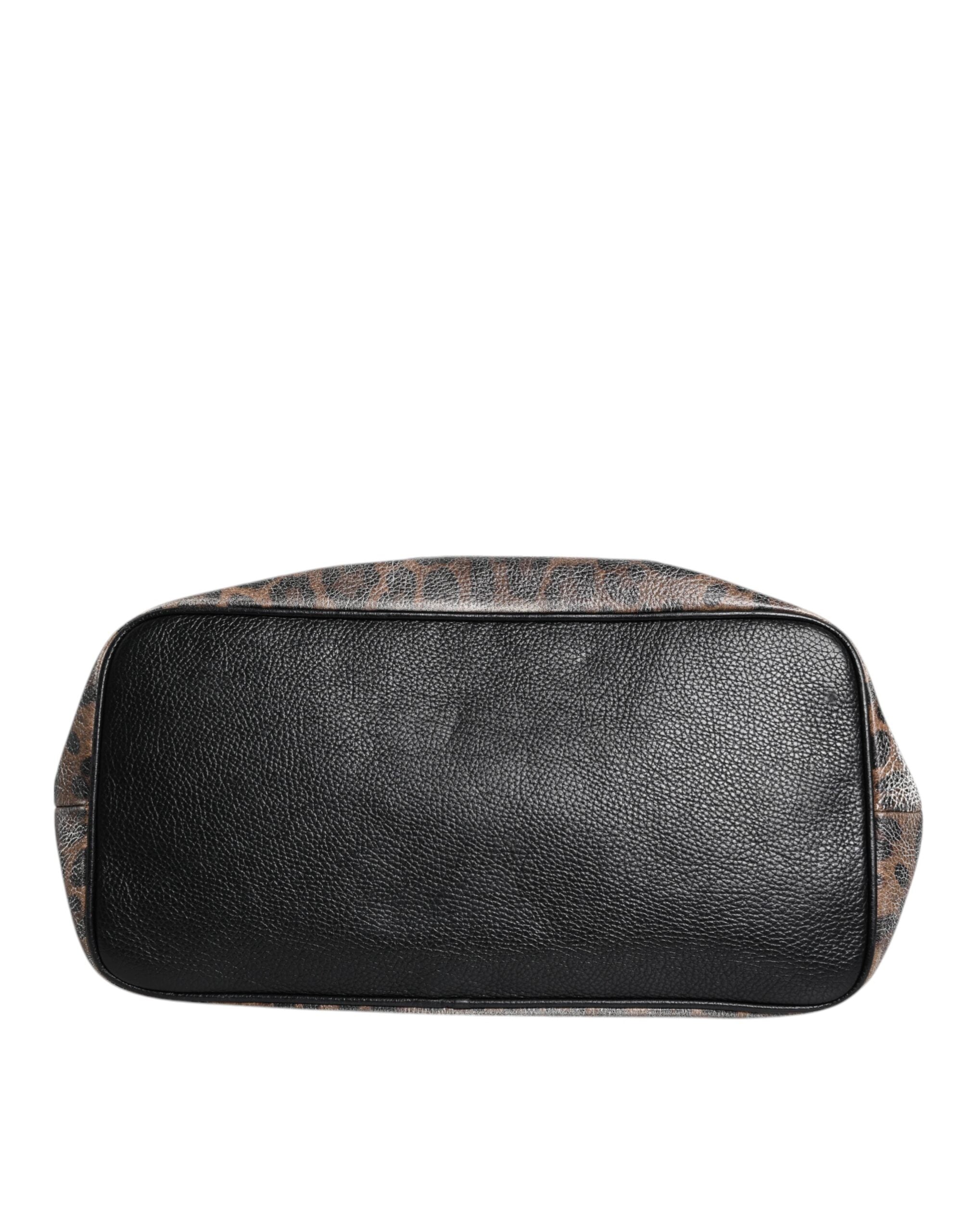 Brown Leopard BEATRICE Leather Logo Plaque Tote Bag