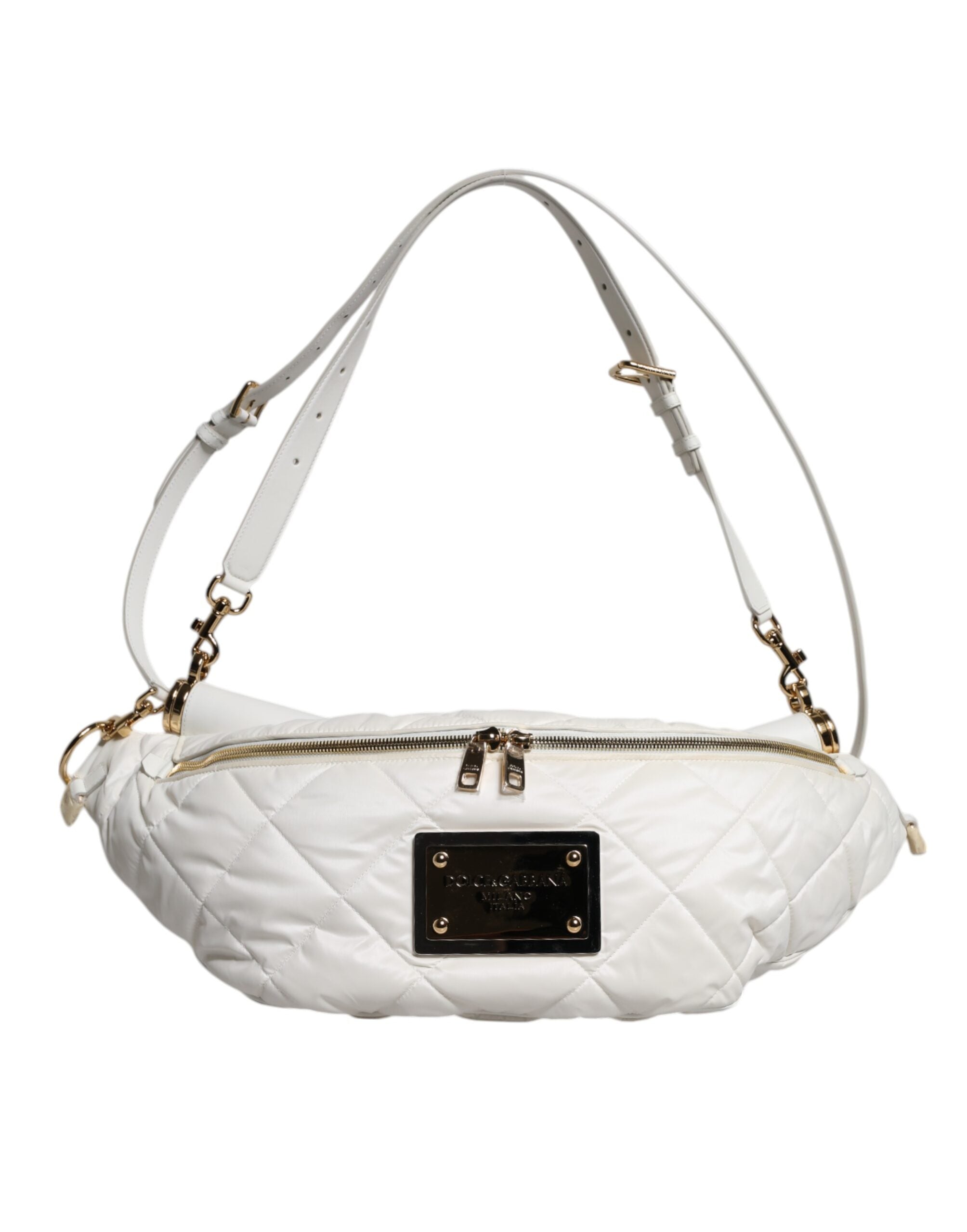 White Quilted Logo Plaque Belt Waist Fanny Pack Bag