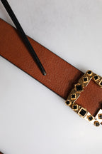 Brown Leather Gold Crystal Buckle Belt
