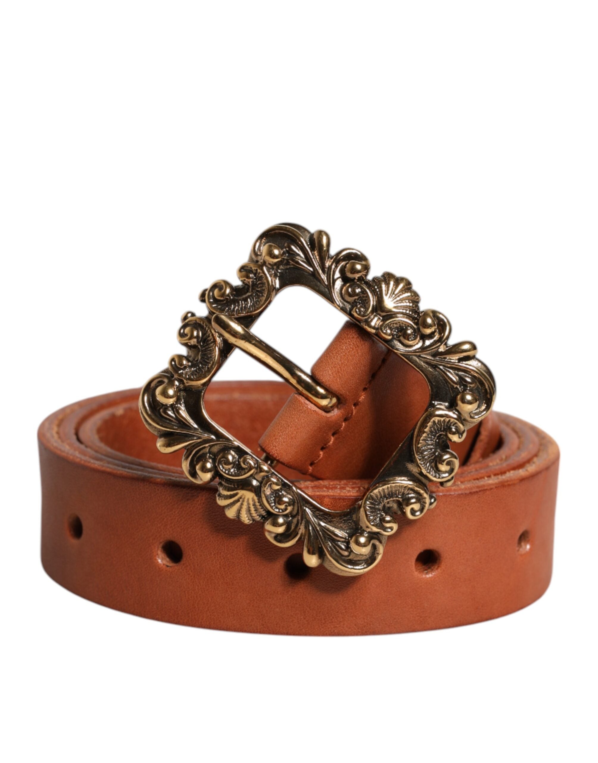 Brown Leather Gold Metal Baroque Buckle Belt