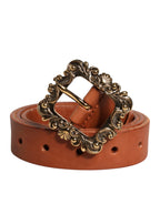 Brown Leather Gold Metal Baroque Buckle Belt
